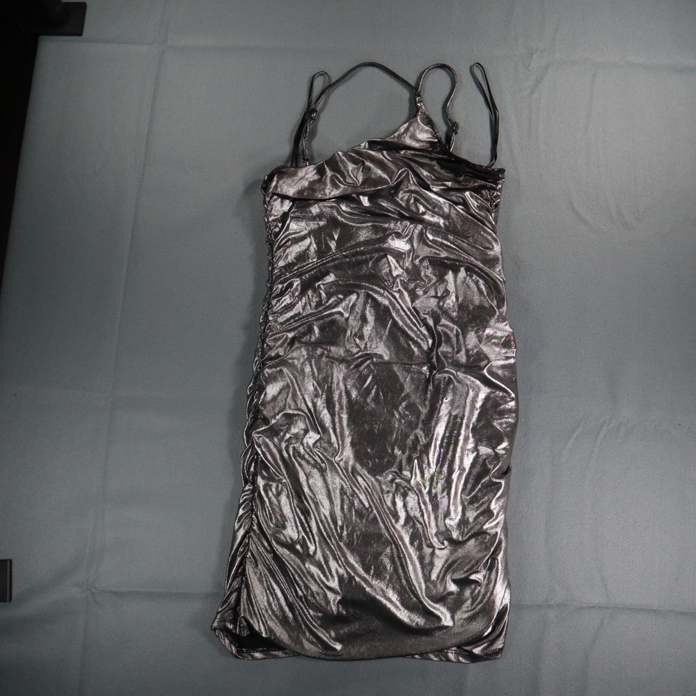 Stradivarius Silver Metallic Ruched Mini Dress Shiny Bodycon Party Dress Size M